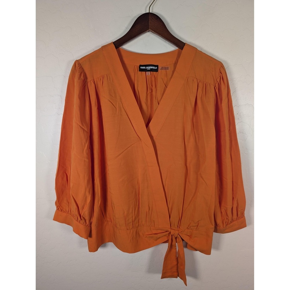 Karl Lagerfeld Paris Blouse Womens Large Orange V Neck Tie Waist Puff 3/4 Sleeve